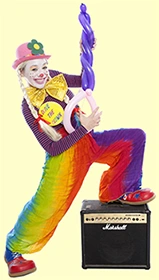 Olive The Clown playing balloon guitar with amplifier